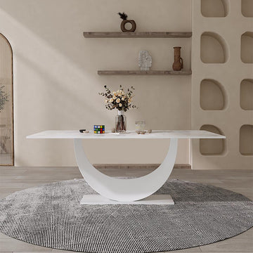 71" White Faux Marble Dining Table for 8 Crescent Base Sintered Stone